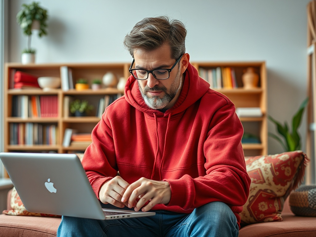 Мужчина в красном худи работает за ноутбуком в уютной комнате с книжными полками и растениями.