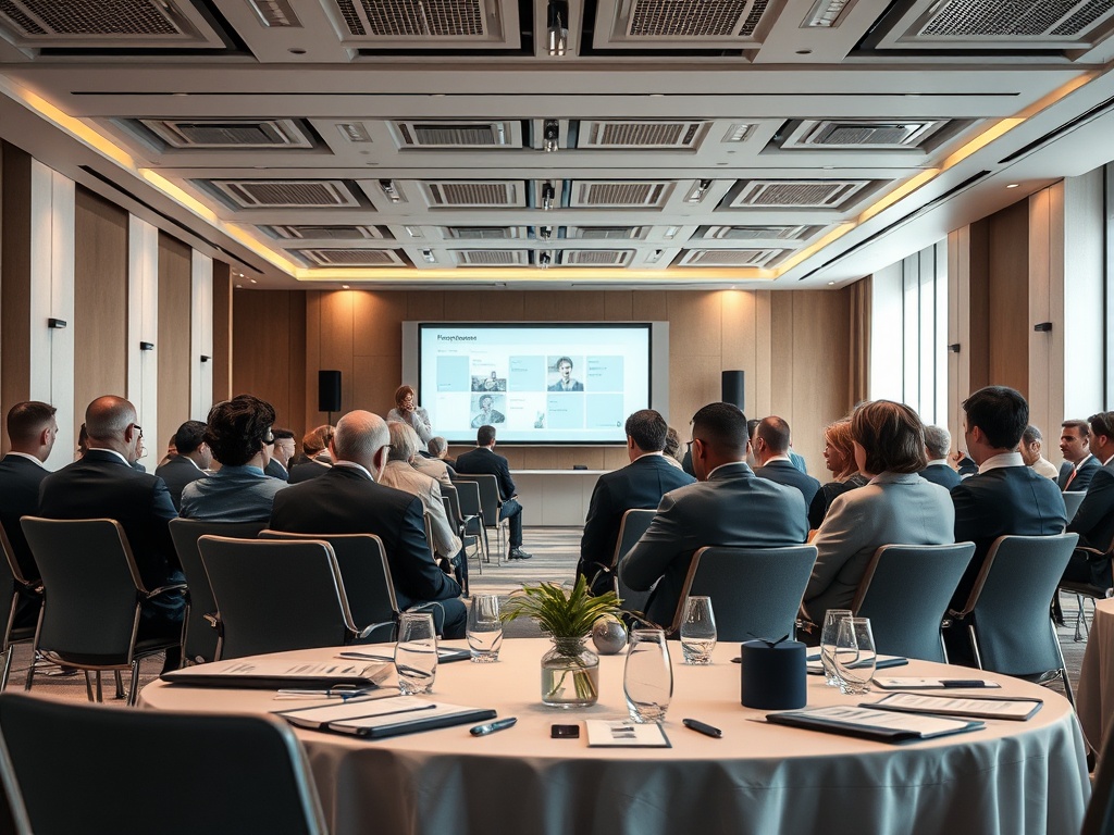 Участники собрания в современном зале слушают презентацию на экране. Столики с материалами впереди.