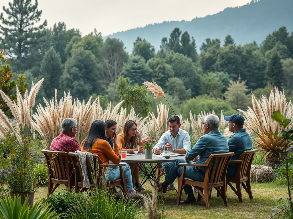 Группа людей сидит за столом на улице, обсуждая что-то в окружении зелени и растений.
