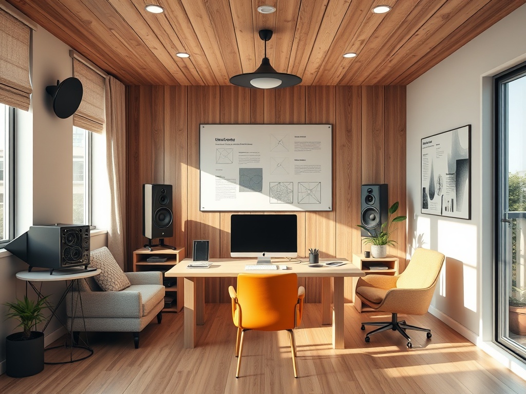 Современный офис с деревянным потолком, уютной мебелью и компьютером на столе. Много света и растений.