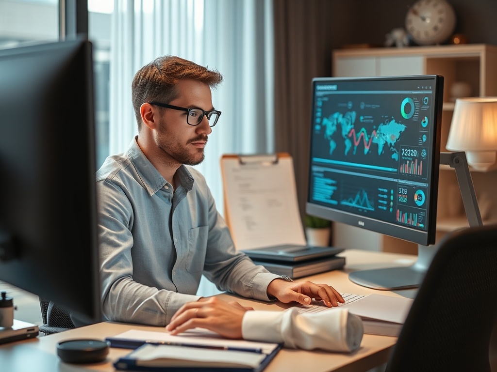 Мужчина в очках работает за компьютером с графиками и данными в современном офисе.