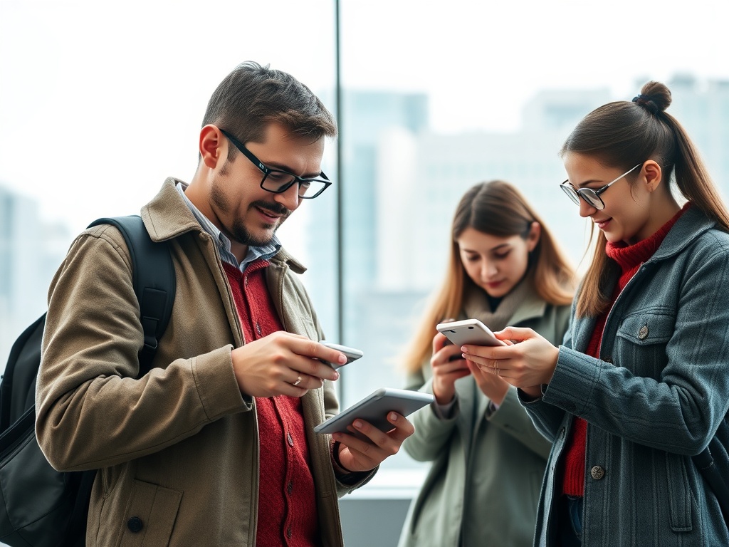 Трое молодых людей в офисе смотрят в телефоны и планшеты, общаясь и изучая информацию.