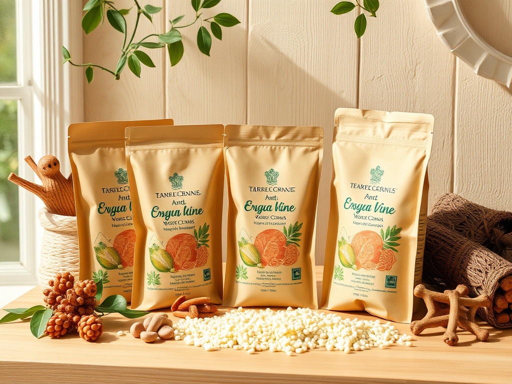 На столе расположены упаковки с натуральными продуктами, рядом орехи и растительные элементы для декора.