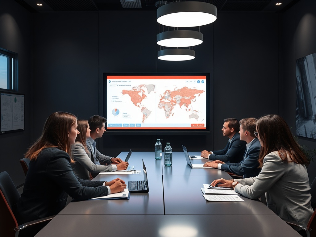 На встрече в конференц-зале группа людей обсуждает карту мира с аналитическими данными.