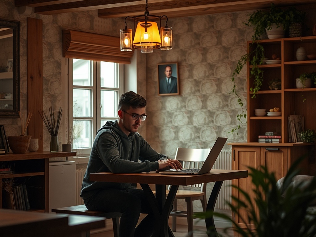 Молодой человек в свитере работает за ноутбуком в уютной комнате с растениями и мягким светом.