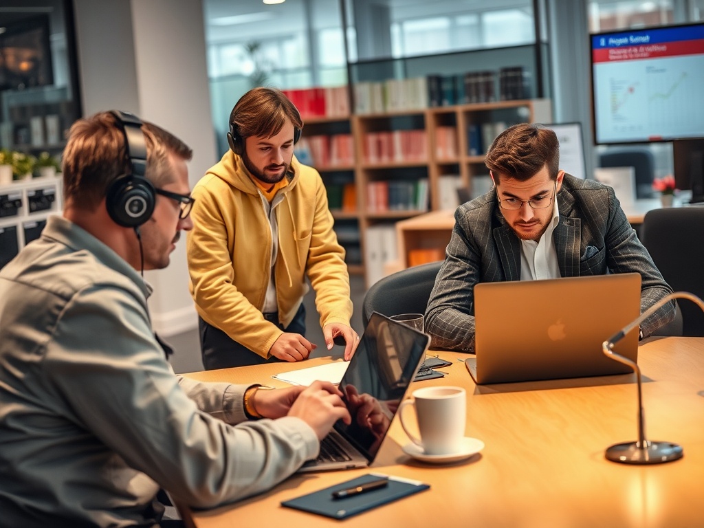 Трое мужчин в офисе работают за столом, используя ноутбуки и наушники, сосредоточенно обсуждая проект.