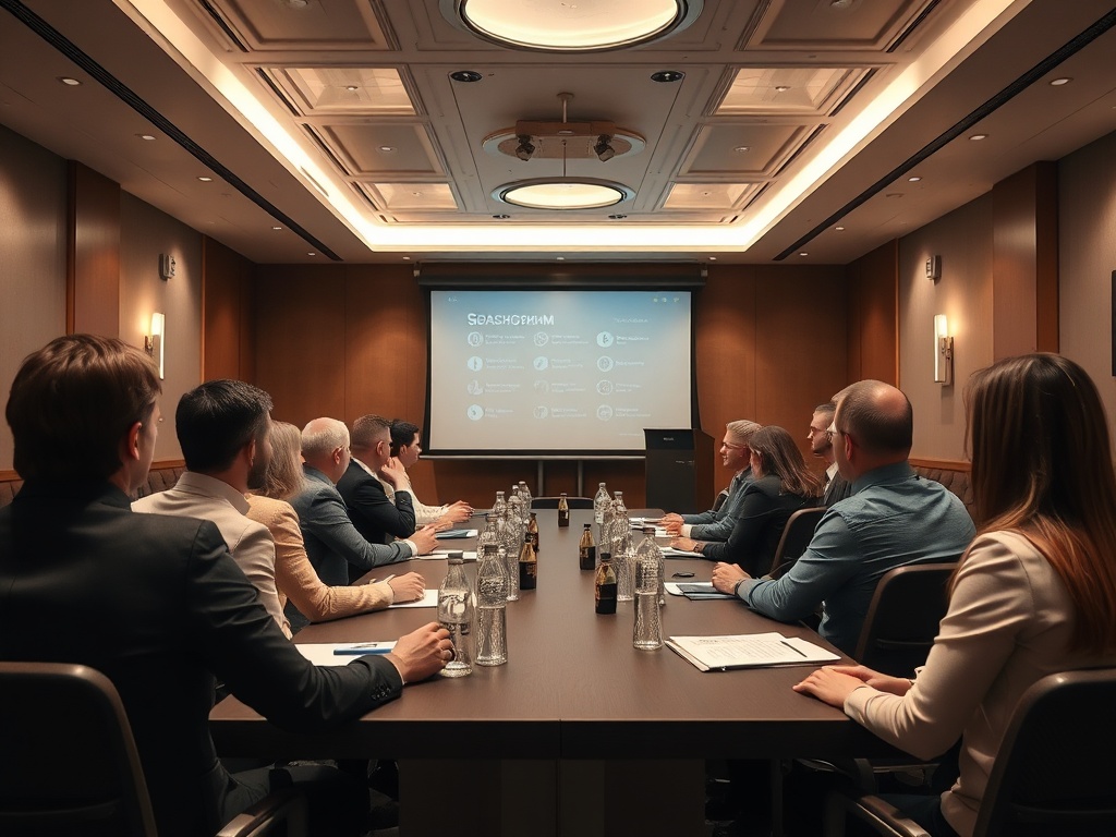 Группа людей на деловой встрече слушает презентацию в конференц-зале. Стол, документы и напитки на столе.