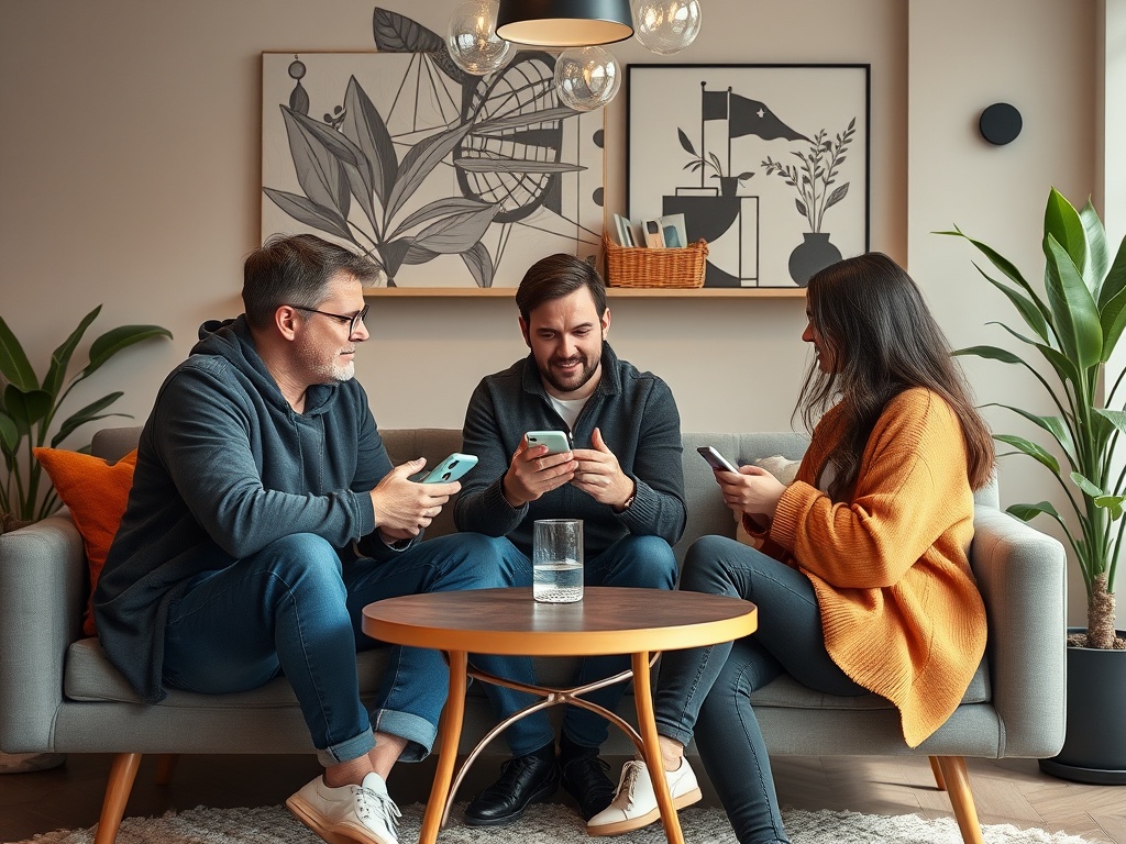 Трое людей сидят на диване и смотрят на свои телефоны в уютной комнате с растениями.