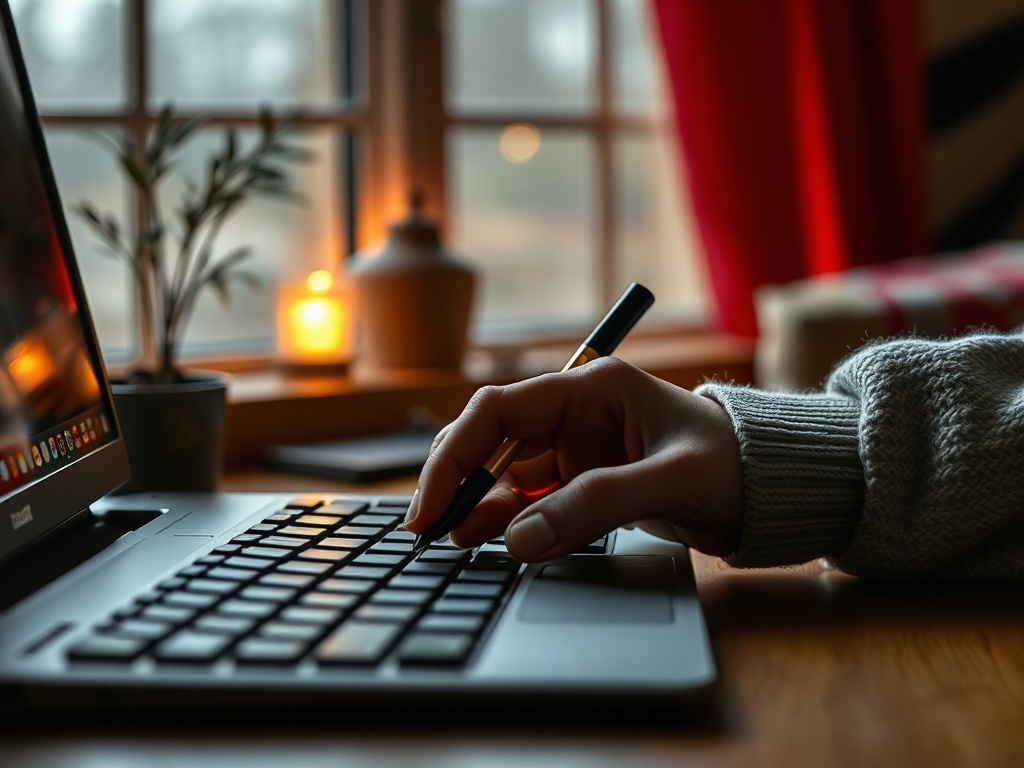 Рука с ручкой, которая пишет на клавиатуре ноутбука у окна с растениями и свечой на столе.