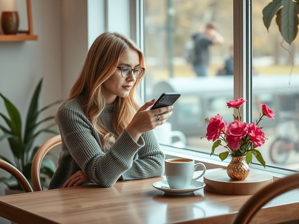 Молодая женщина с телефоном сидит в кафе, за окном видна улица, на столе цветы и чашка кофе.