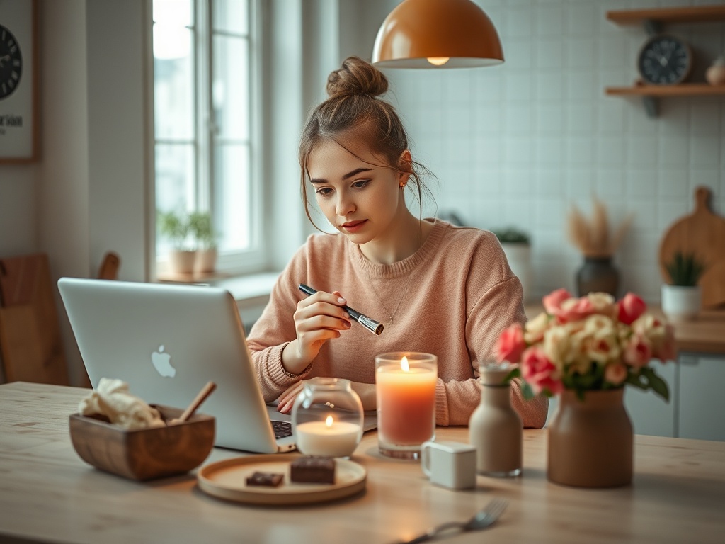 Девушка в свитере работает за ноутбуком, рядом свеча и цветы на столе. Уютная атмосфера домашнего офиса.