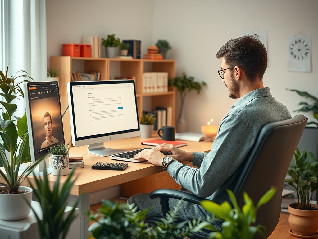 Молодой человек работает за компьютером в уютном офисе, окружённом зелеными растениями и книгами.