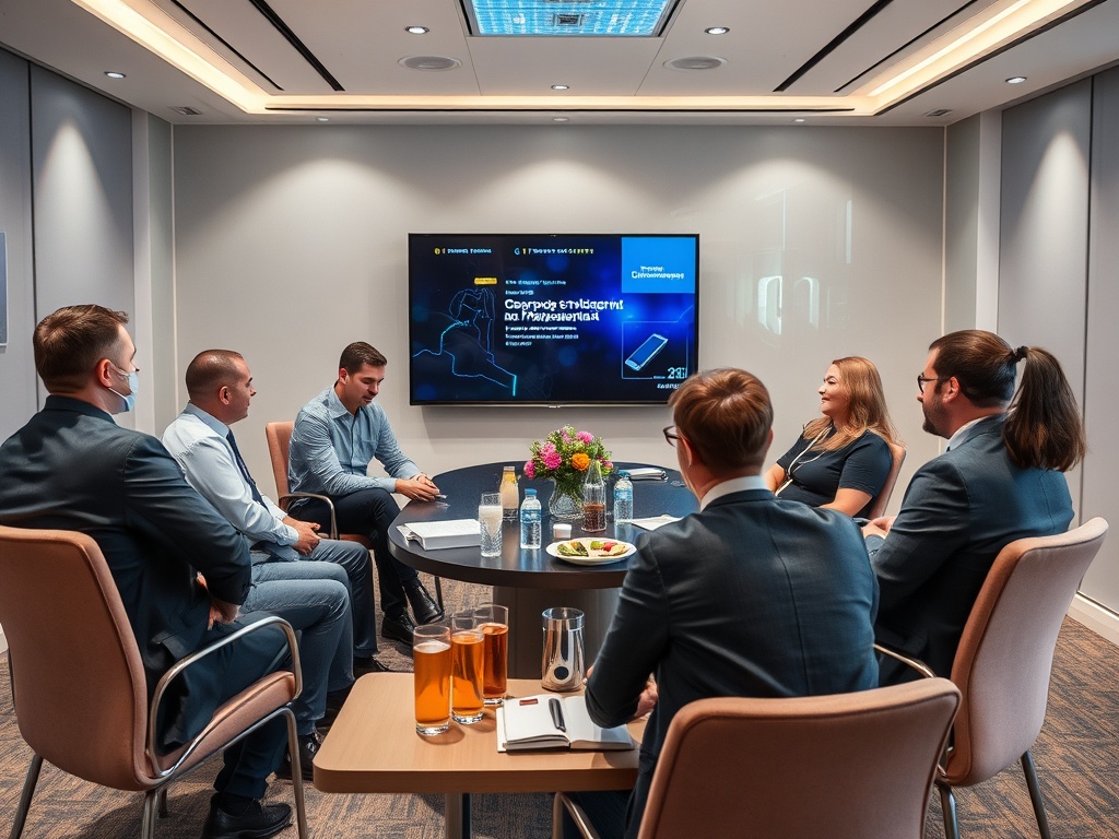 Группа людей в деловой встрече в офисе, обсуждают проект, есть экран и refreshments на столе.