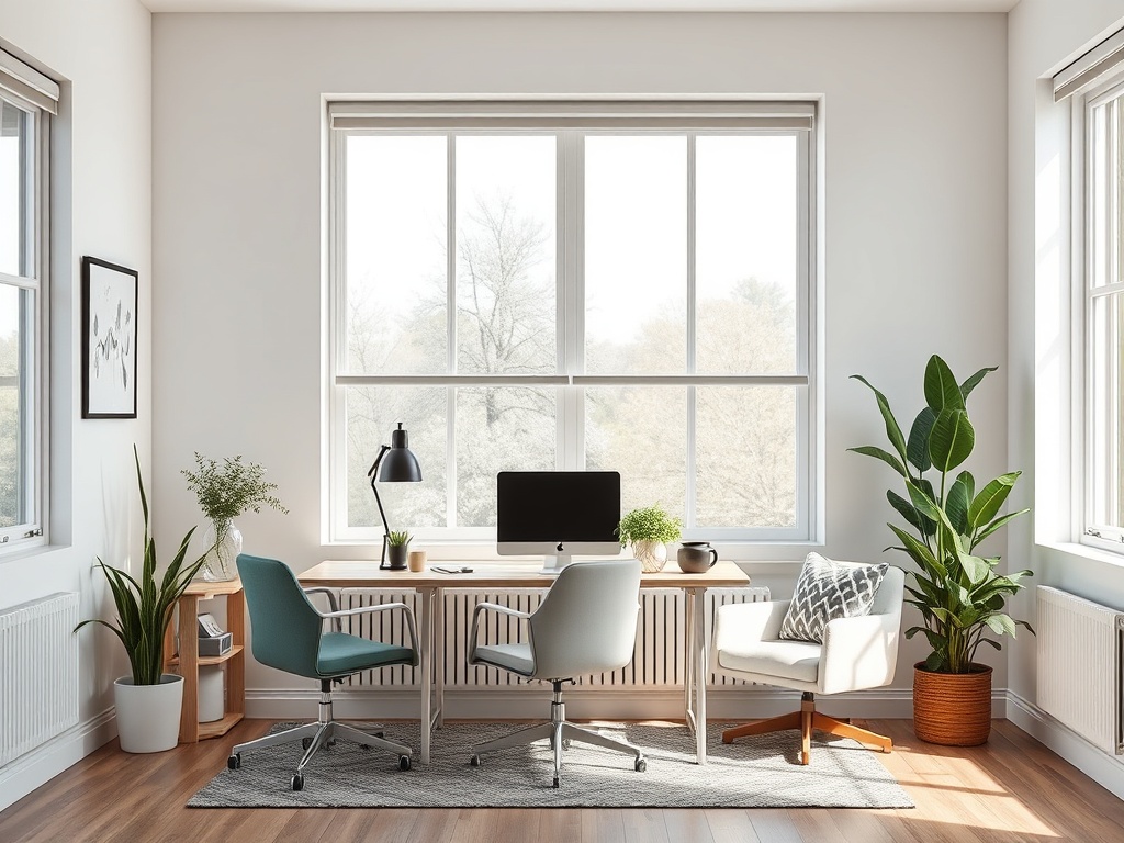 Современный офис с двумя стульями, столом, компьютером и растениями у окон, освещенный естественным светом.