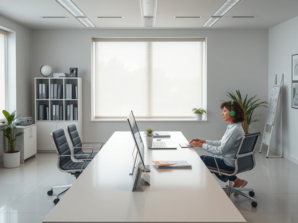 Женщина в офисе работает за компьютером, слушая музыку в наушниках. Современный и светлый интерьер.