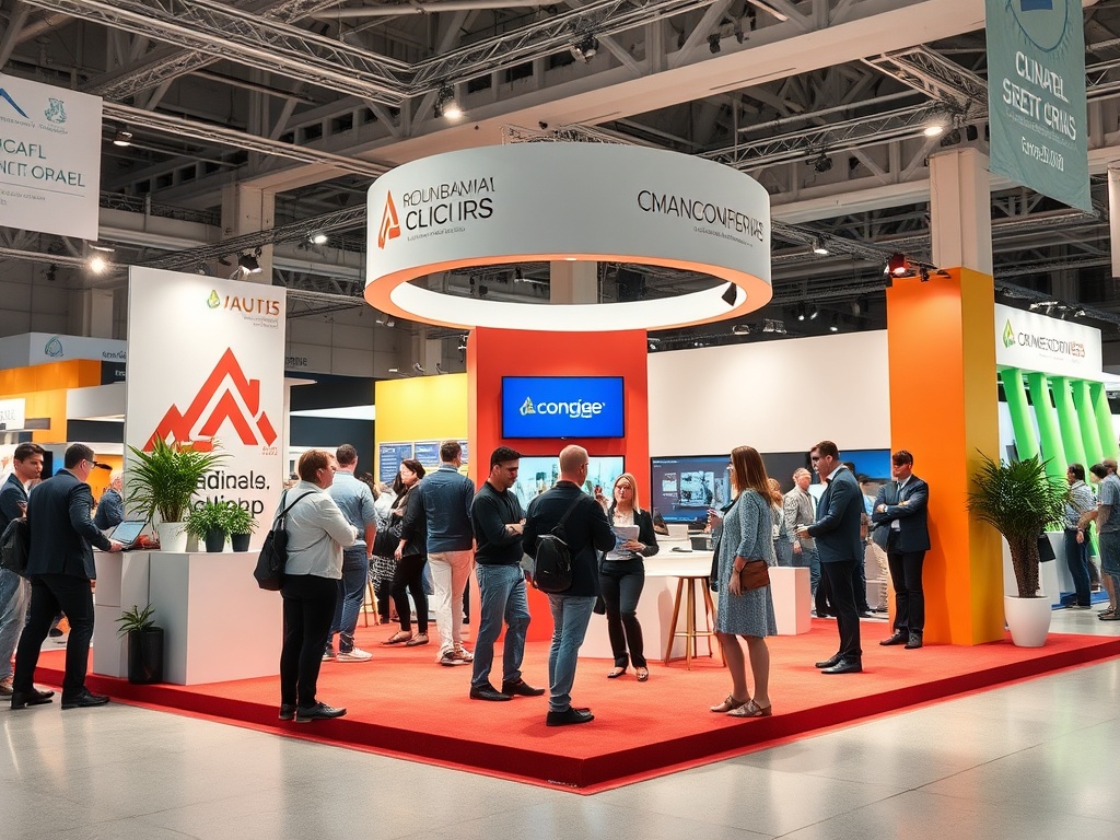 На выставке представлены стенды компаний, множество людей общаются и обмениваются информацией.