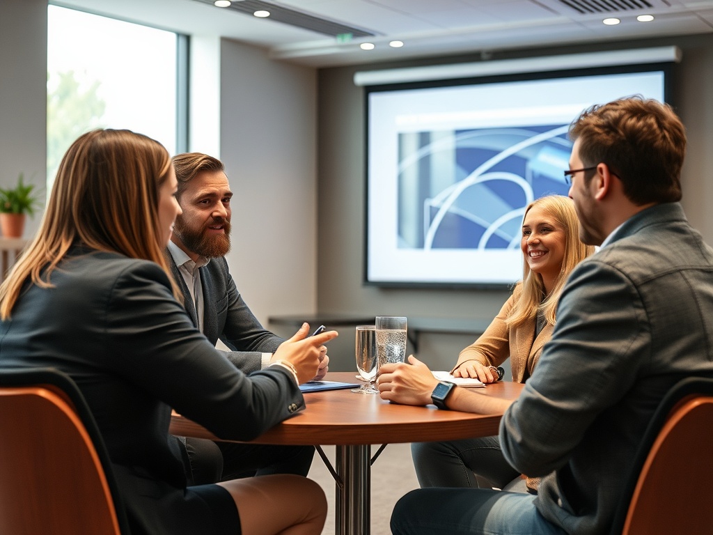 Четыре человека обсуждают идеи за круглым столом в современном офисе. На заднем плане проектор.