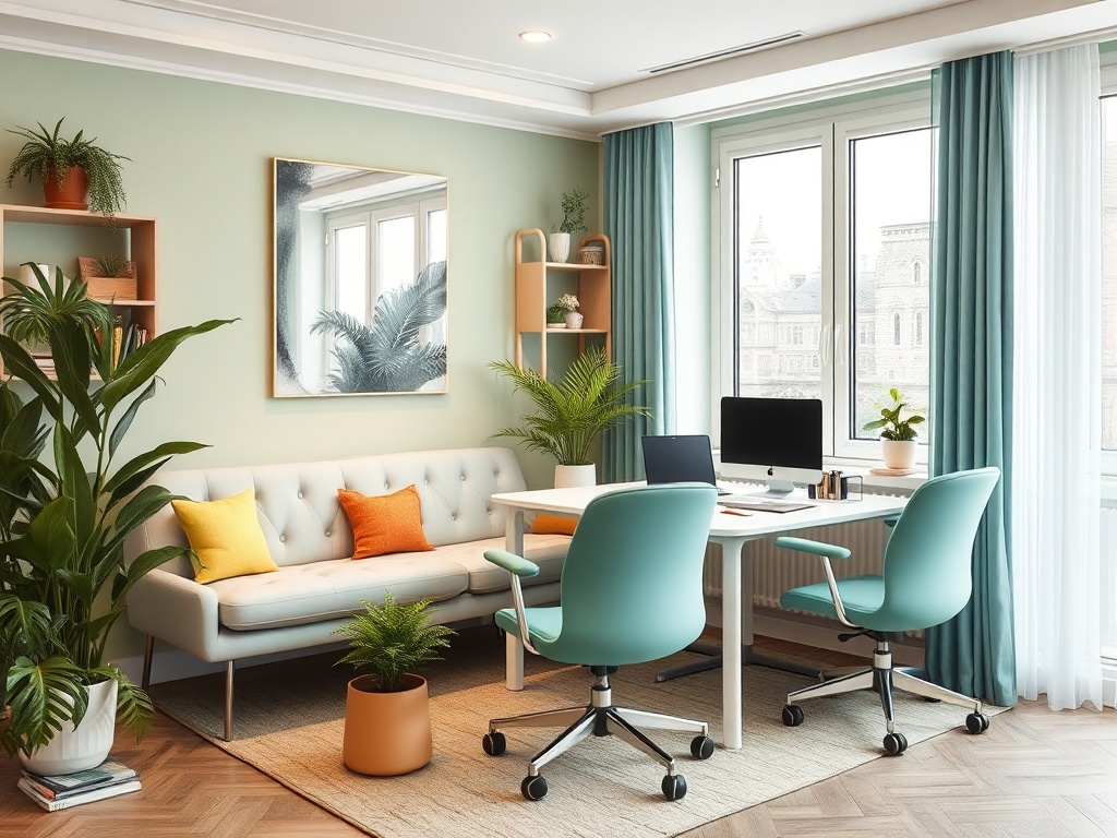 Современный офис с зелеными растениями, удобным диваном и яркими стульями у окна.