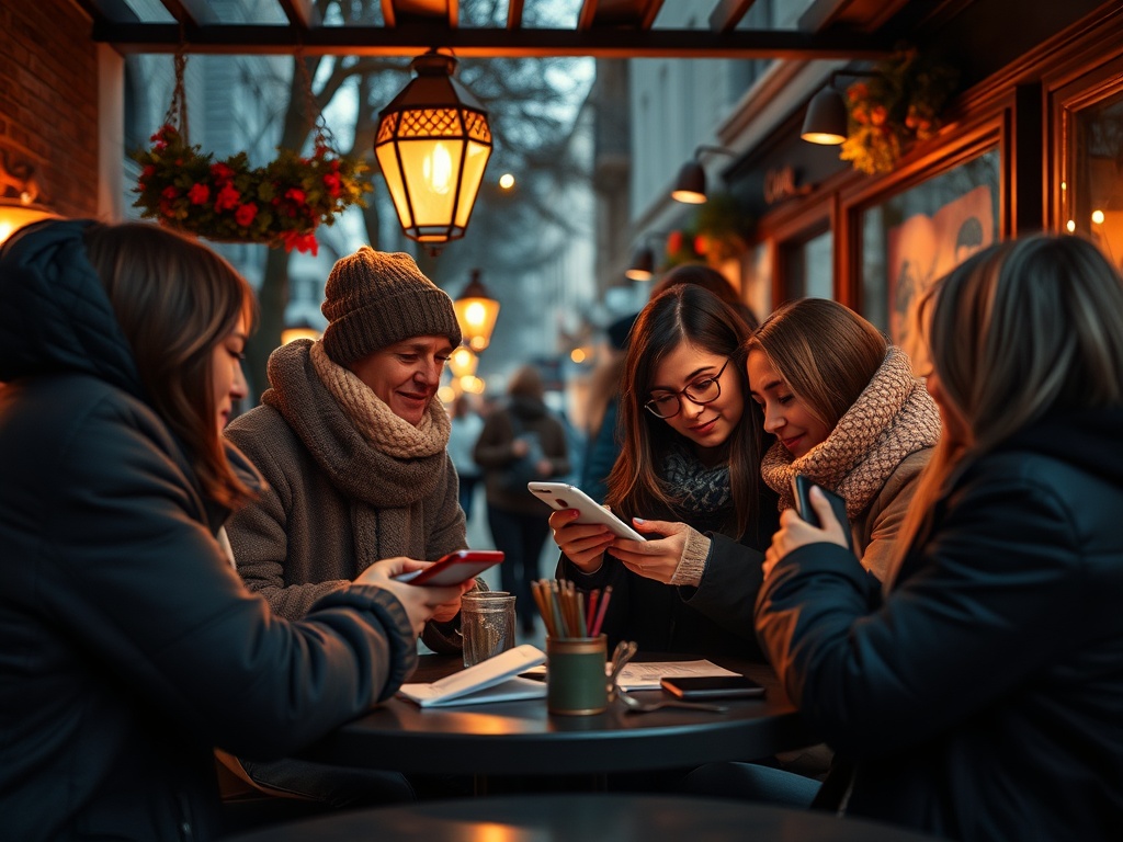 Пять друзей сидят за столиком кафе, увлеченно смотрят в свои телефоны и обмениваются мнениями.