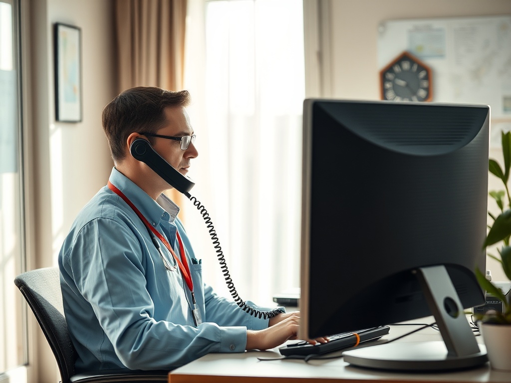 Мужчина в офисе за компьютером, говорит по телефону, на столе есть медицинский инструмент и часы.