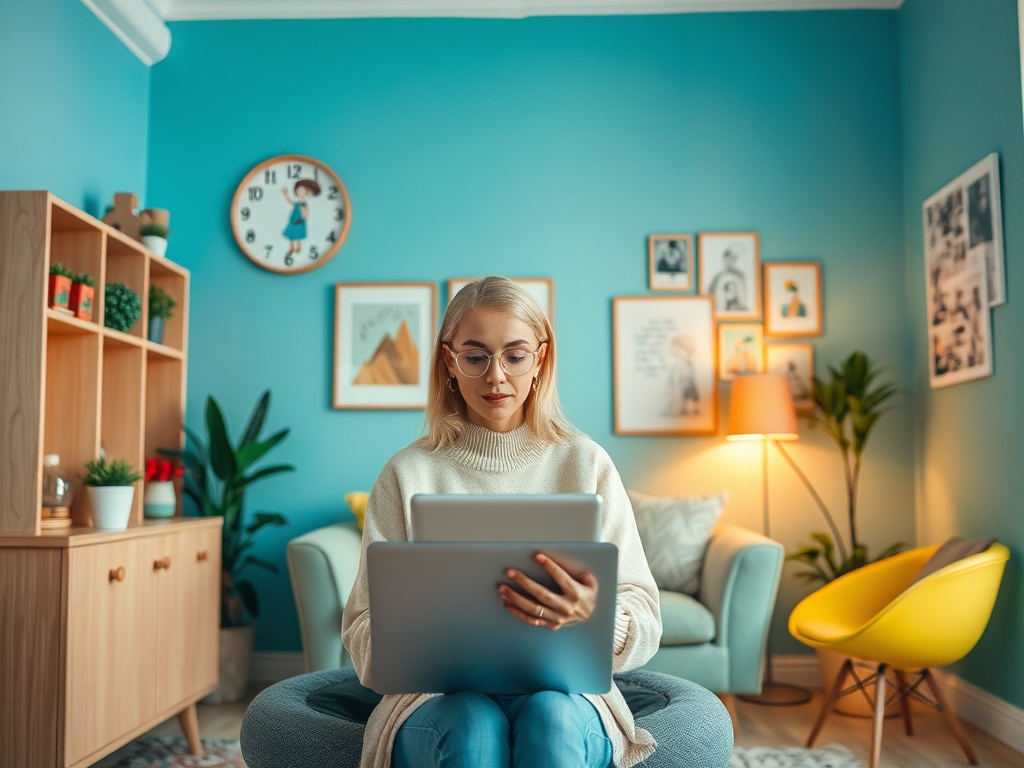 Молодая женщина в уютной комнате сидит с ноутбуком, окружённая растениями и картинами на стенах.