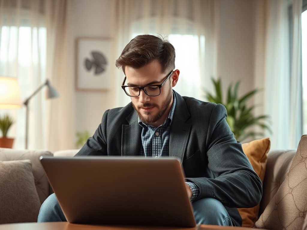 Молодой человек в очках работает на ноутбуке в уютной обстановке, сидя на диване.