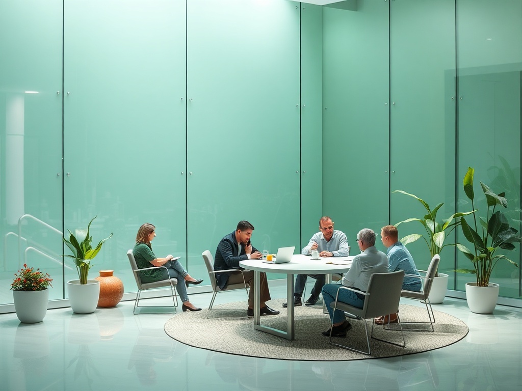 В современном офисе шесть человек обсуждают проекты за круглым столом среди зелёных растений.