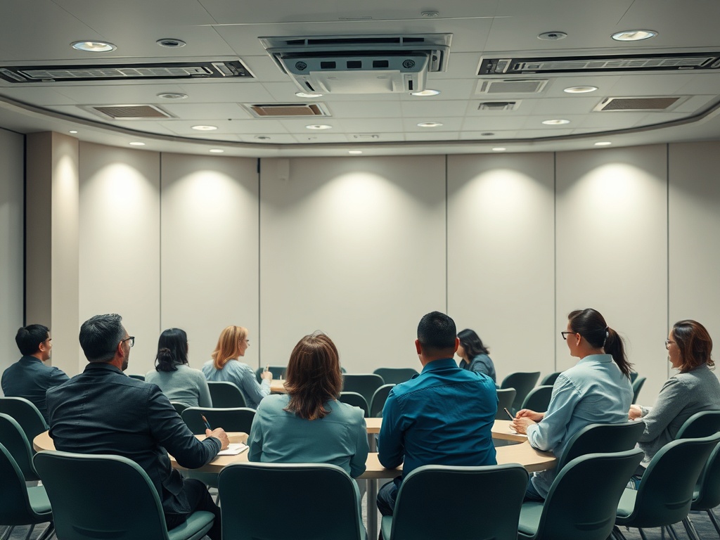 Группа людей сидит за круглом столом в конференц-зале, обсуждая идеи или план на встрече.