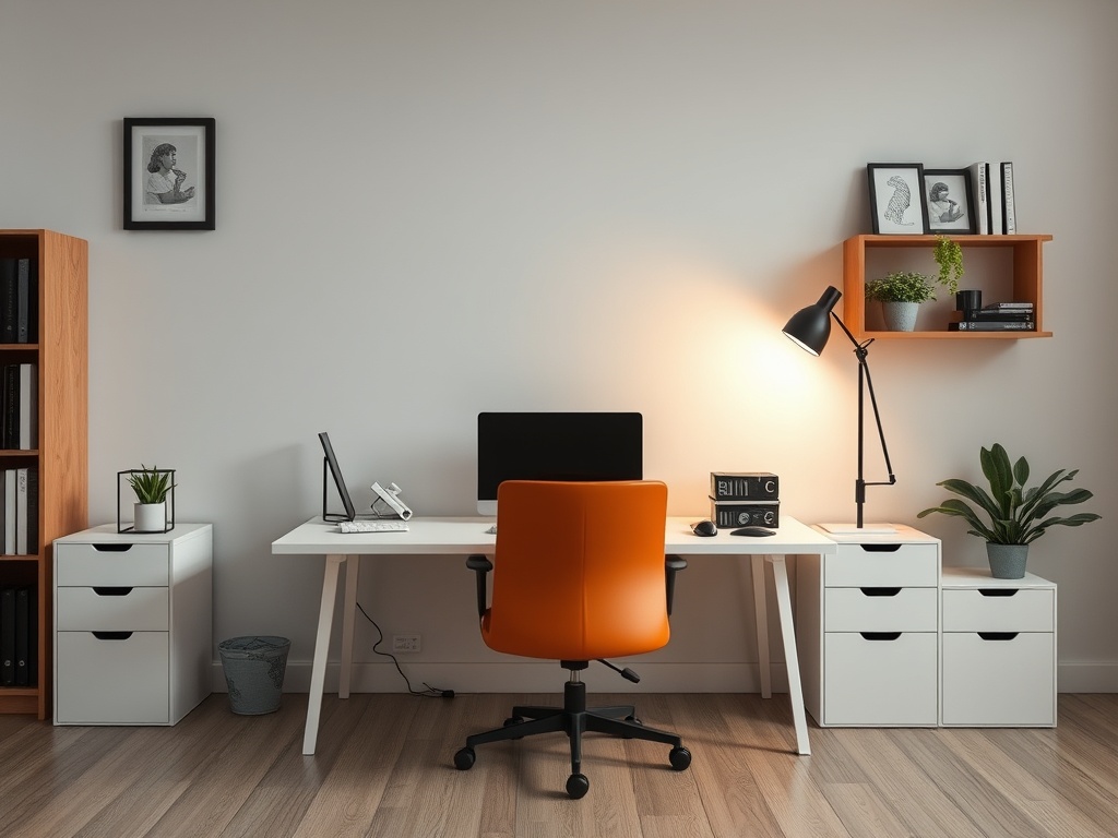 Современный офис: белый стол, оранжевый стул, компьютер, светильник и растения. Настенные элементы decor.
