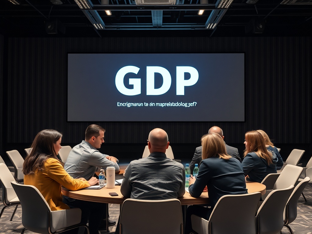 На встрече обсуждается тема GDP, участники сосредоточены на презентации.