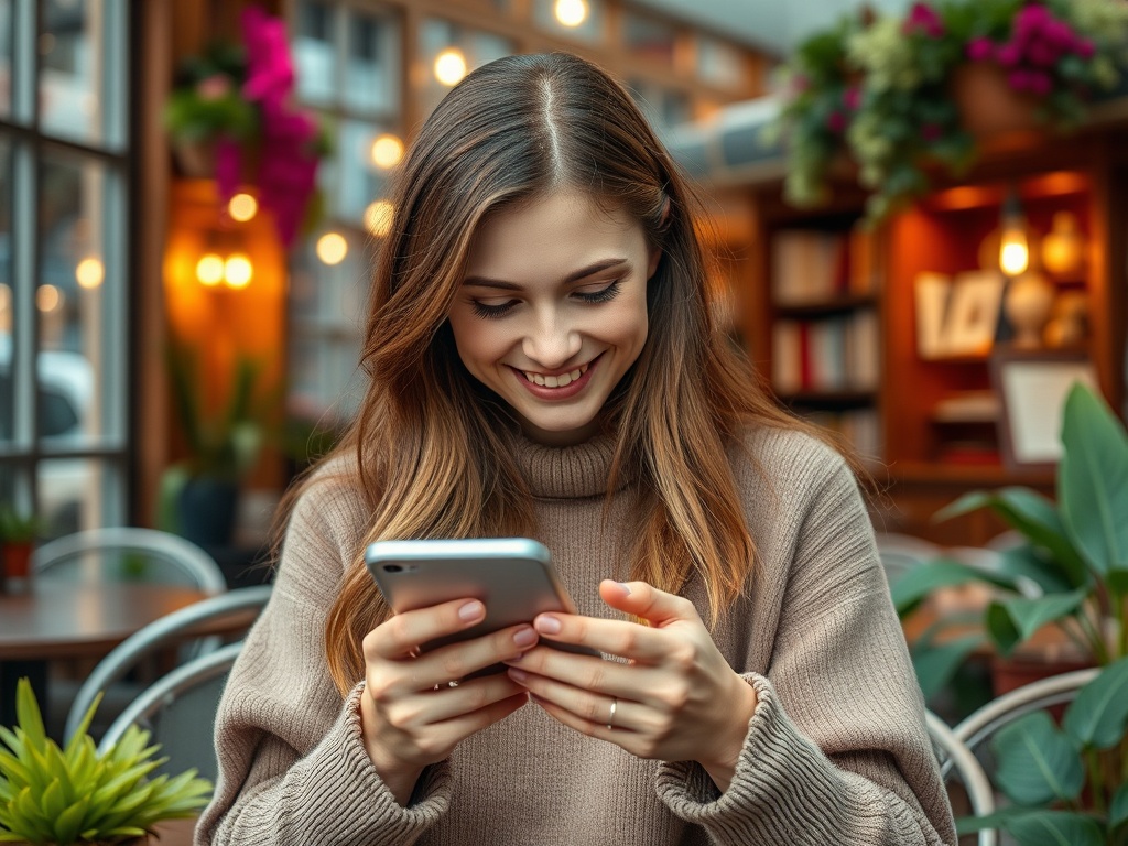 Молодая женщина в свитере улыбается, смотря на телефон в уютном кафе с зелеными растениями.