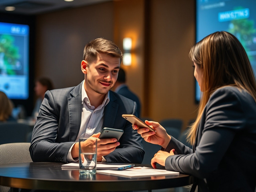 Два человека в деловых костюмах обсуждают что-то, сидя за столом в конференц-зале.