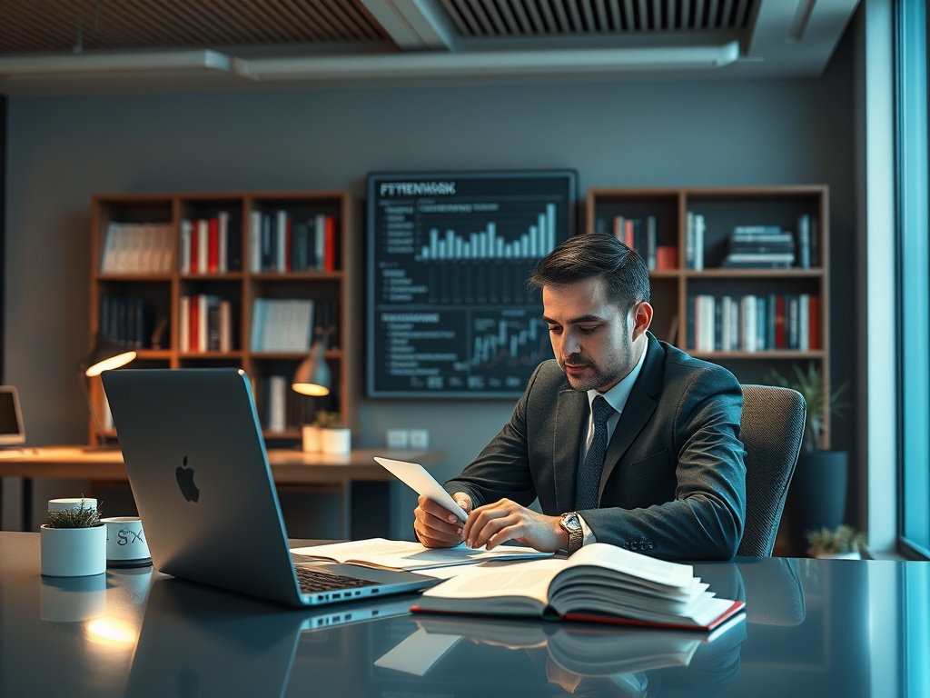 Мужчина в костюме работает в офисе, читая документы на фоне графиков и полок с книгами.