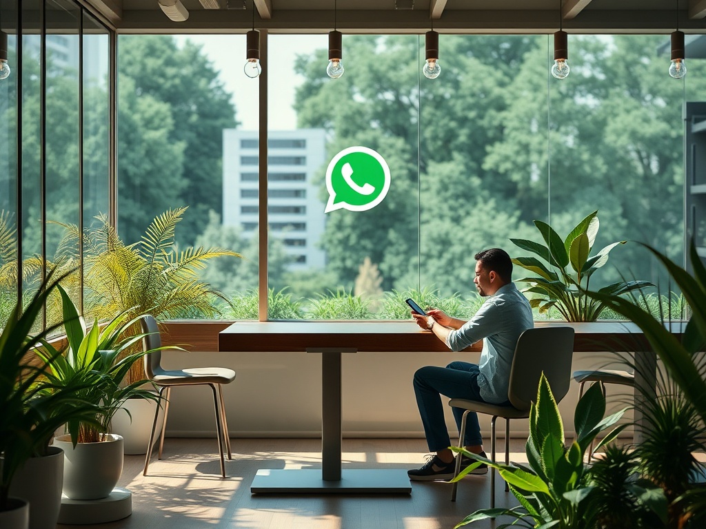 Человек сидит в кафе с растениями, используя телефон с логотипом WhatsApp на фоне окна и зелени.