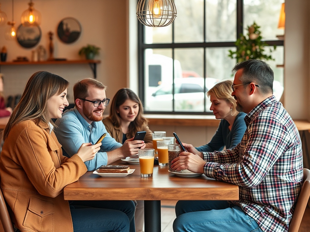 Группа людей проводит время в кафе, наслаждаясь общением и смартфонами. На столе напитки и десерты.