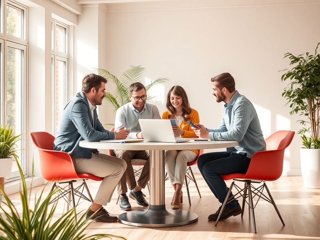 Два мужчины и две женщины обсуждают что-то за круглым столом в светлом офисе с зелеными растениями.