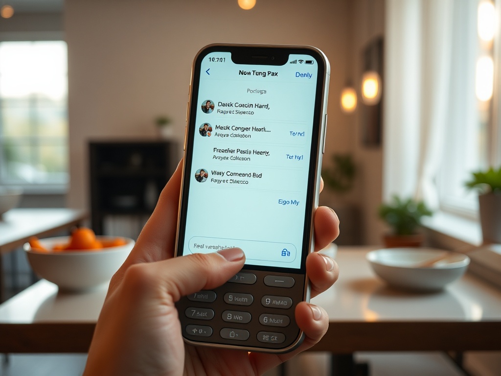На изображении показан телефон с открытым приложением для общения, на экране - список контактов.