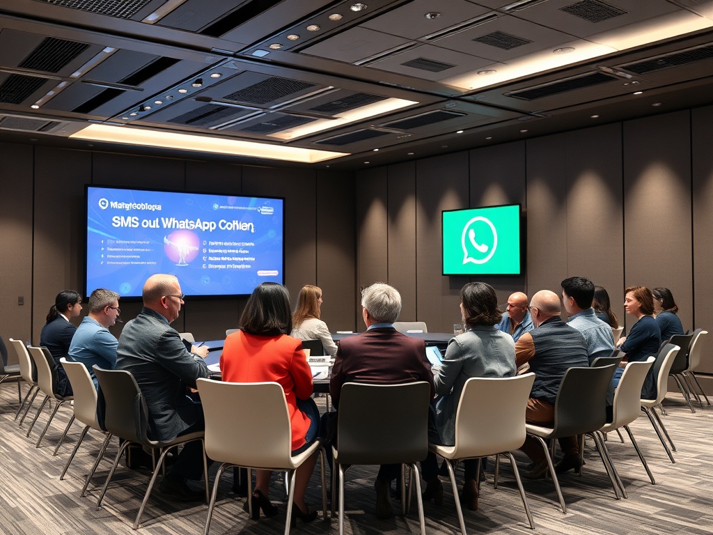 В конференц-зале обсуждается связь и технологии SMS и WhatsApp. В центре внимания проект.