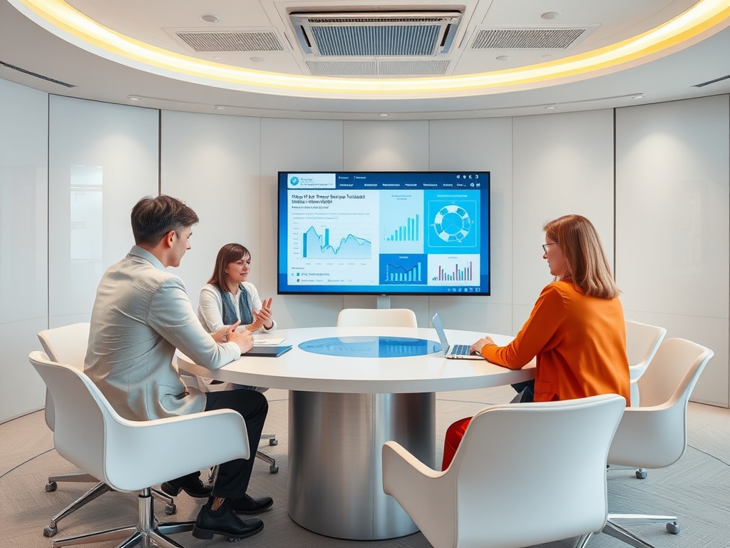 В конференц-зале три человека обсуждают данные на экране, видно графики и диаграммы.