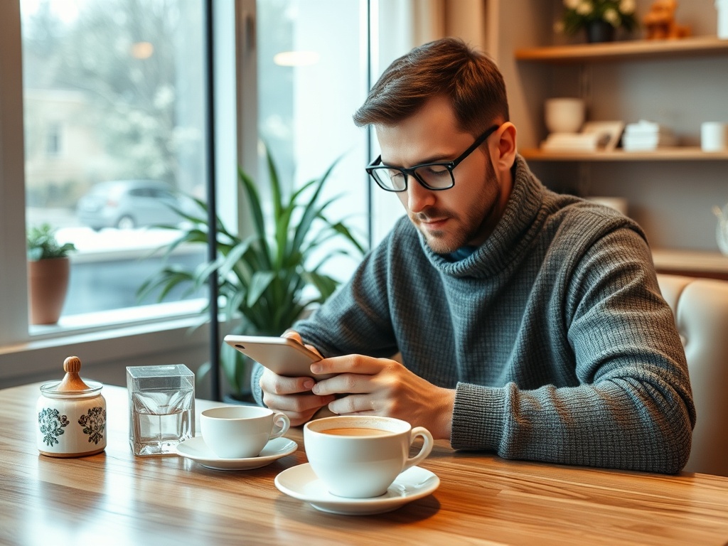 Мужчина в сером свитере сидит в кафе, смотрит в телефон, рядом чашки кофе и стакан воды.