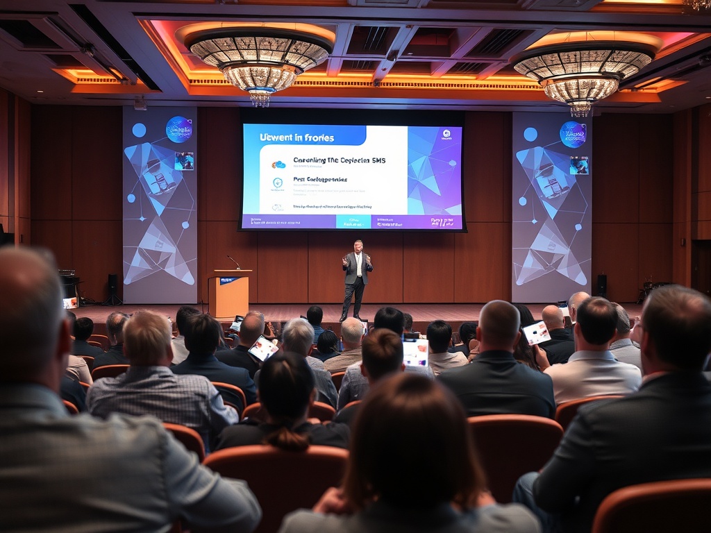 На конференции спикер выступает перед аудиторией, проектор показывает слайды на экране.