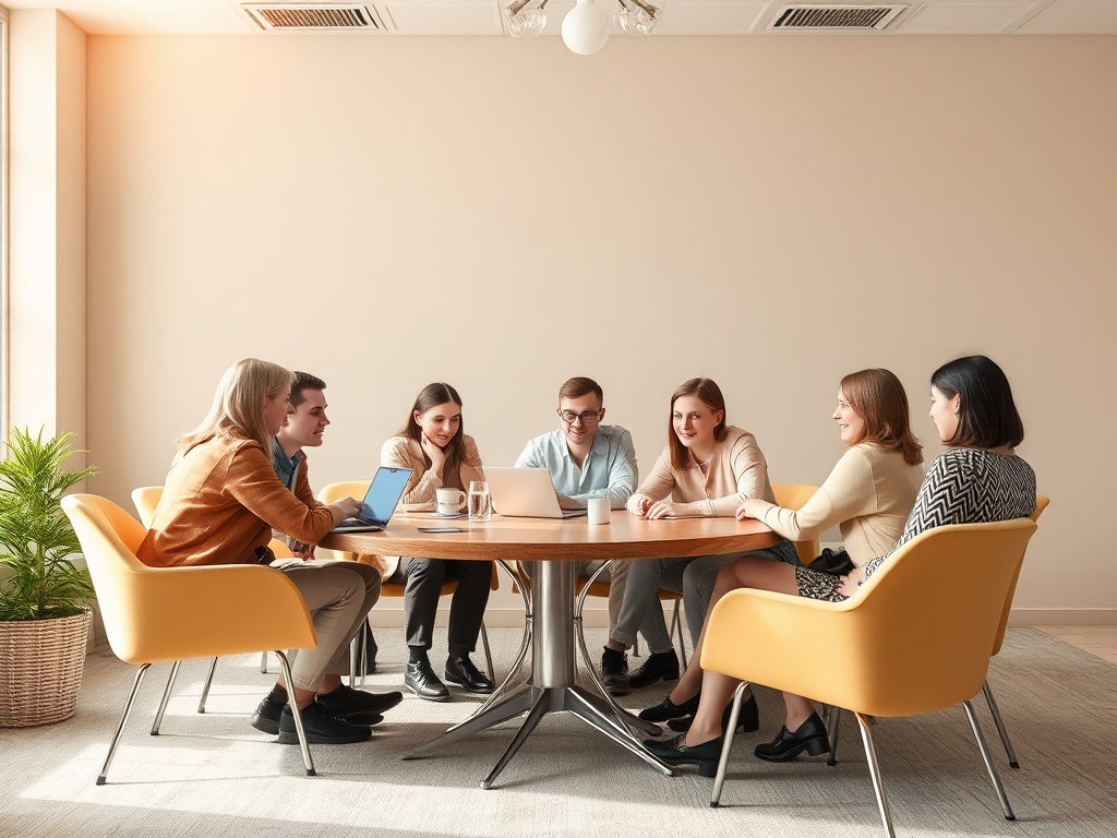 Группа людей обсуждает идеи на встрече в современном офисном помещении. Солнечный свет наполняет комнату.