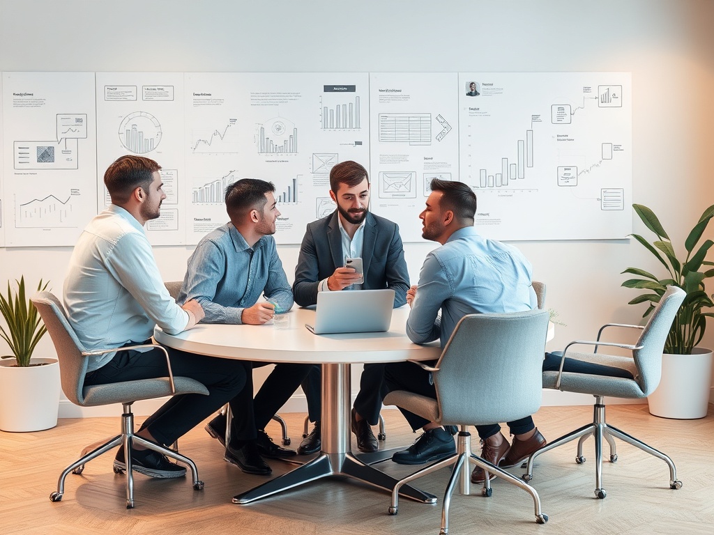 Четыре человека в деловых костюмах обсуждают проект за круглым столом в современном офисе.