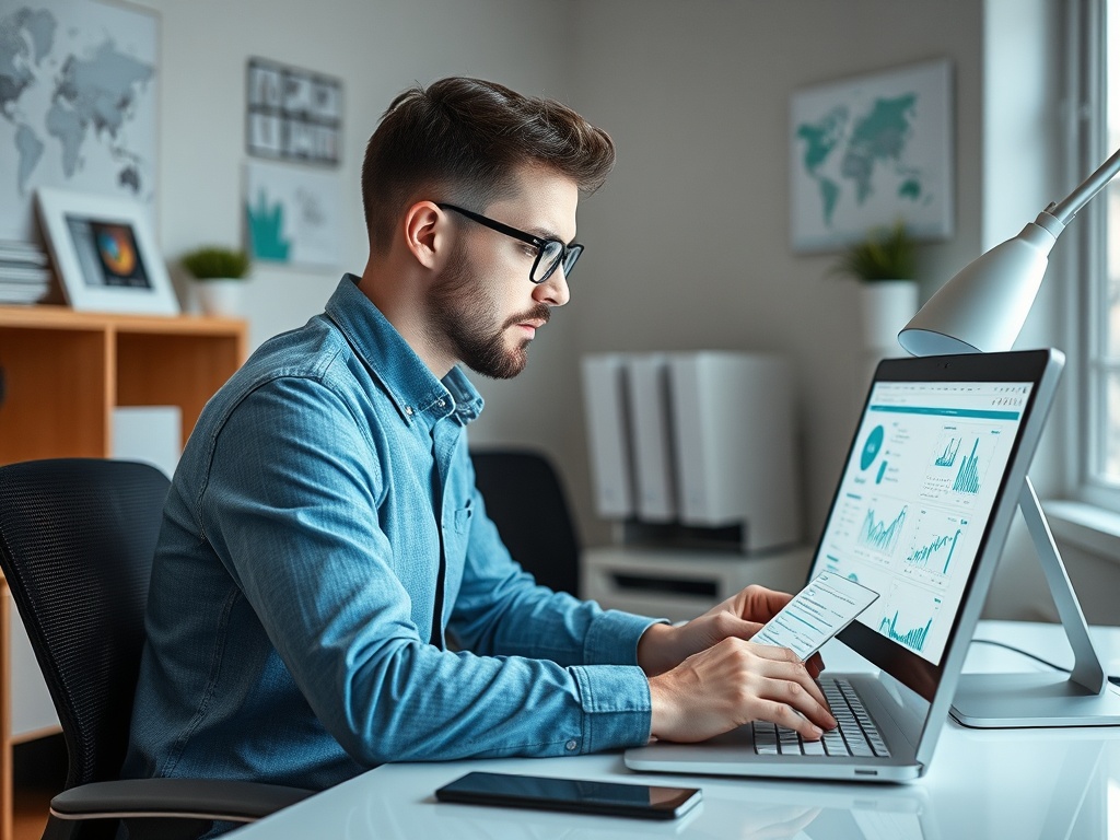 Молодой человек в очках работает за компьютером, анализируя графики и данные в светлом офисе.