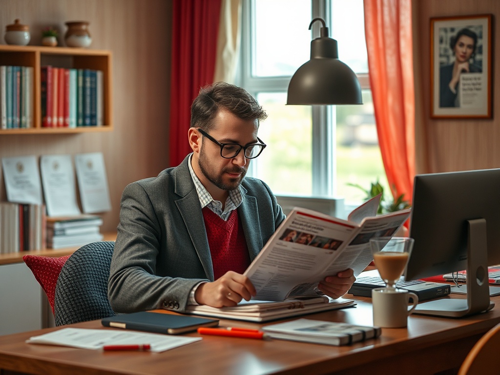Мужчина в офисе читает газету, на столе кофе и рабочие материалы, на фоне книги и дипломы.