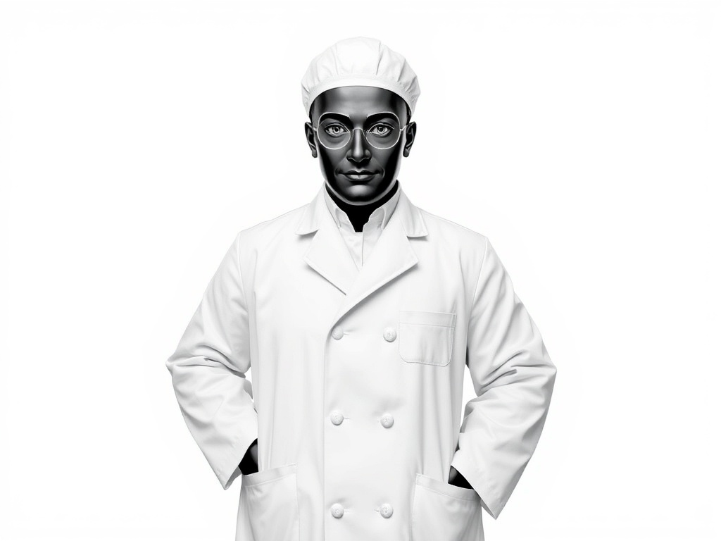 Человек в белом халате и шапочке, с очками, стоит с руками в карманах на фоне белого цвета.